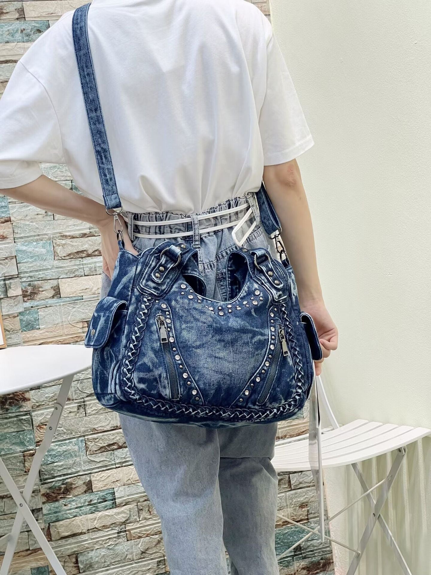Women's Korean Personal Leisure Rivet Fashionable Washed Denim Large Tote Bag