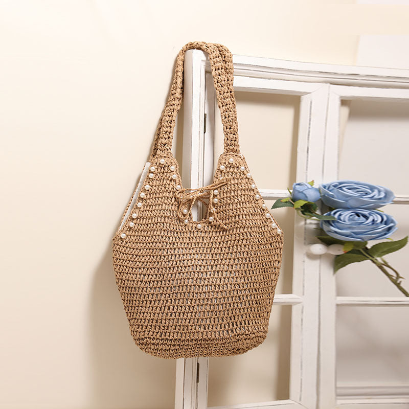 High-grade Large Capacity Straw Fashion Imitation Pearl Women's Shoulder Bag