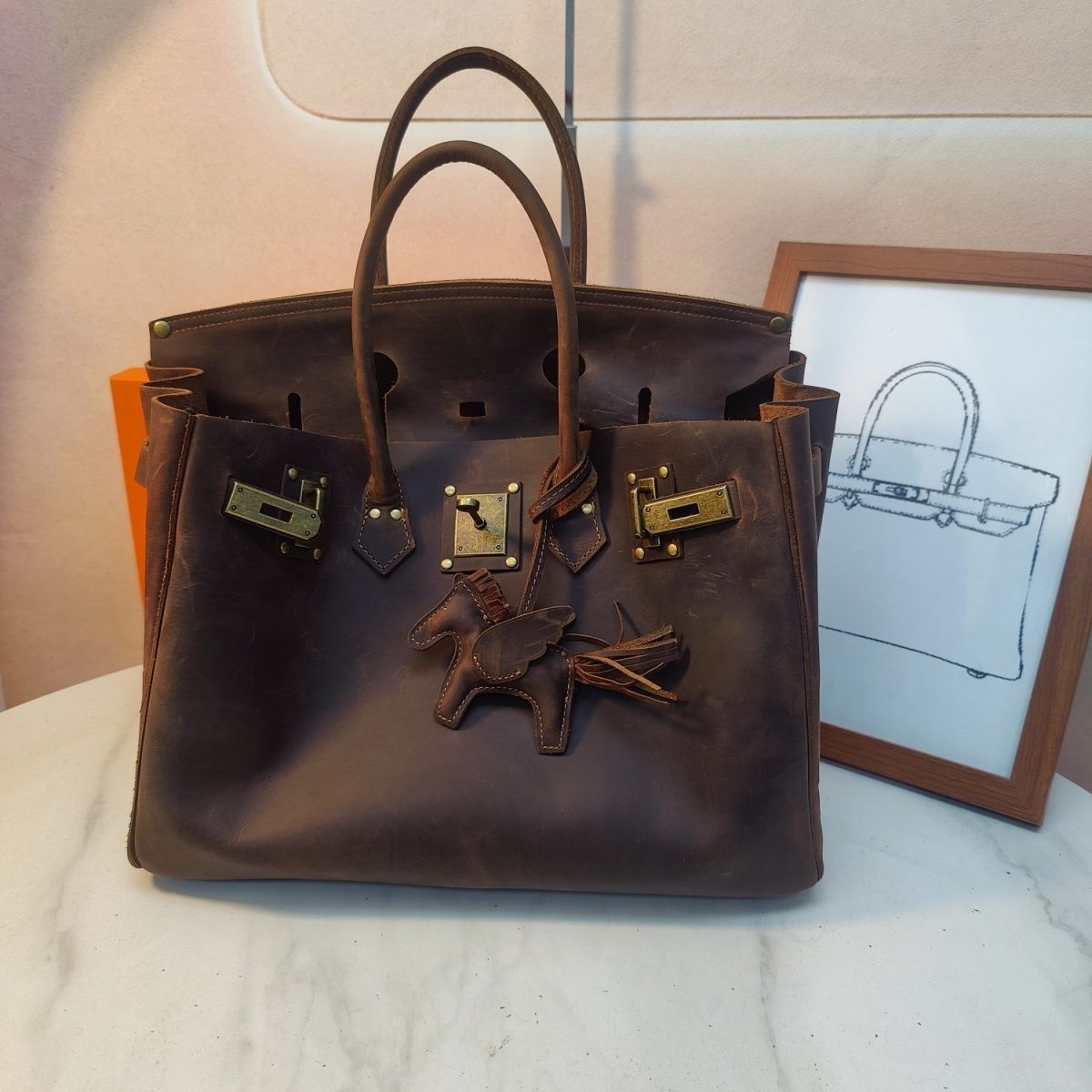Men's Vintage Crazy Horse Leather Handmade Lady Literature Women's Handbag