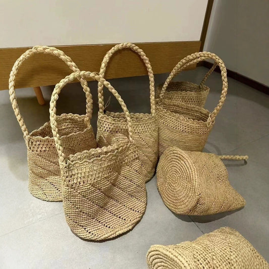 French Raffia Handmade Woven Vacation Portable Women's Handbag