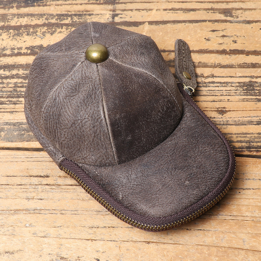 Men's Genuine Leather Cap Cowhide Zipper Crazy Horse Large Bags