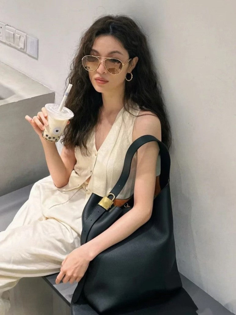 Women's Leather Underarm Commuting Large Contrast Color Shoulder Bags