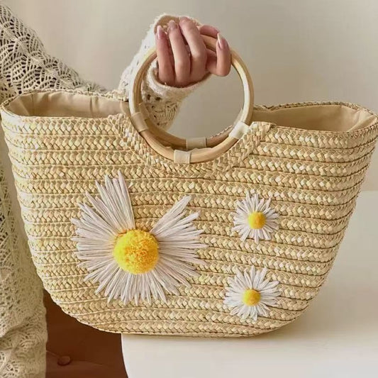 Women's Style Little Daisy Straw Wooden Woven Bags