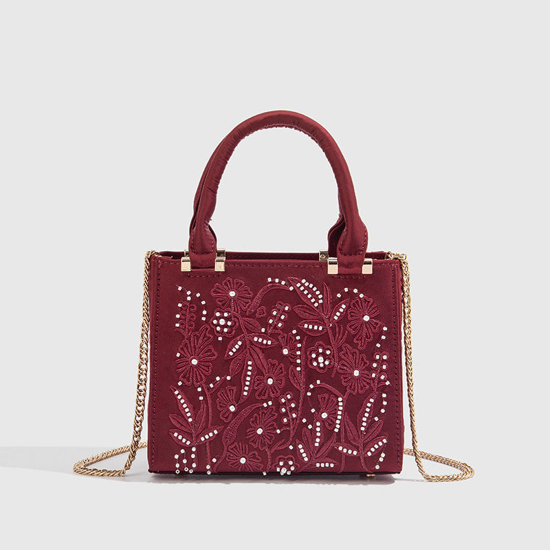 Women's Decorated Pearls Chain Silk Satin Texture Hard Women's Handbag