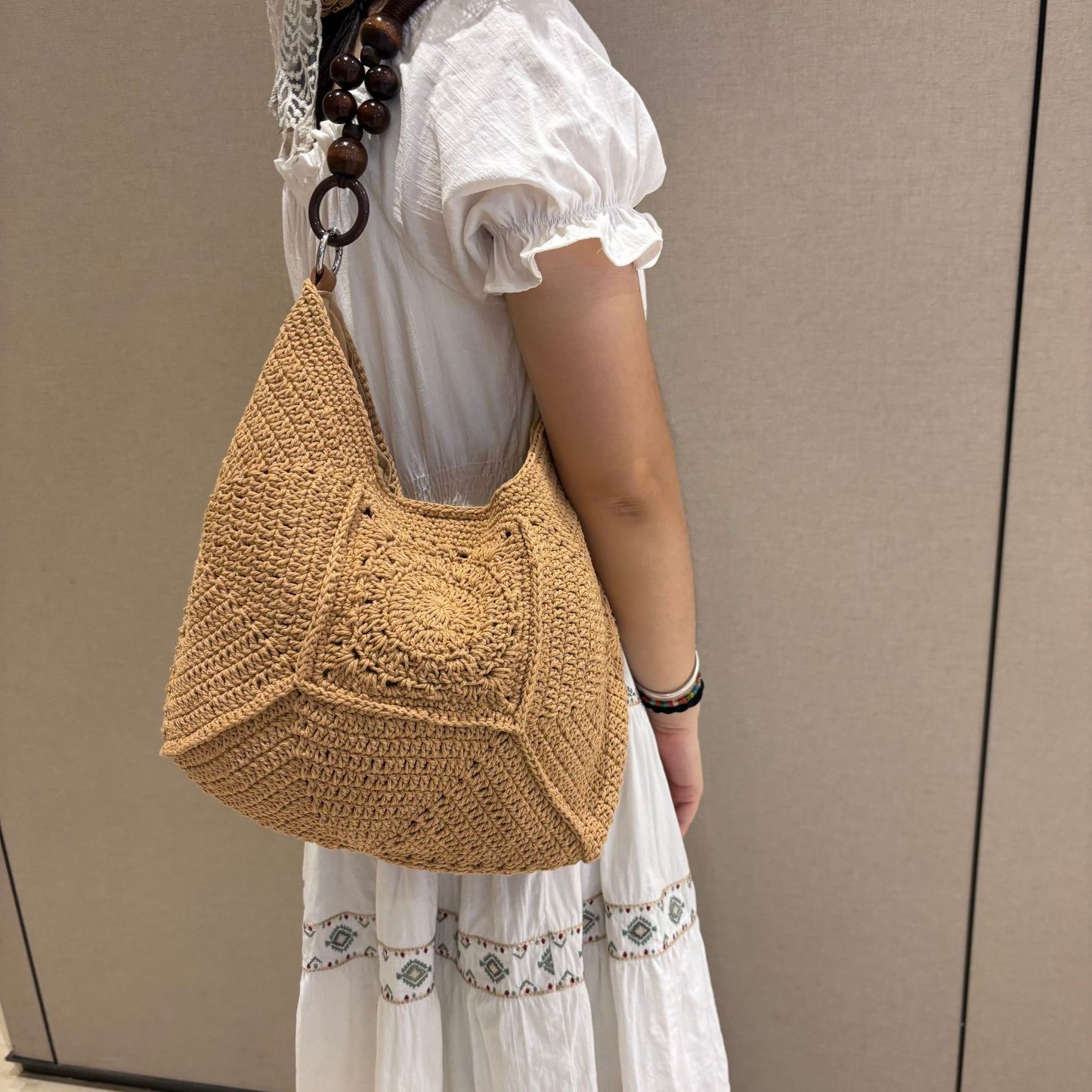 Women's Cotton Crochet Underarm High-grade Chinese Beads Vacation Simple Women's Shoulder Bag