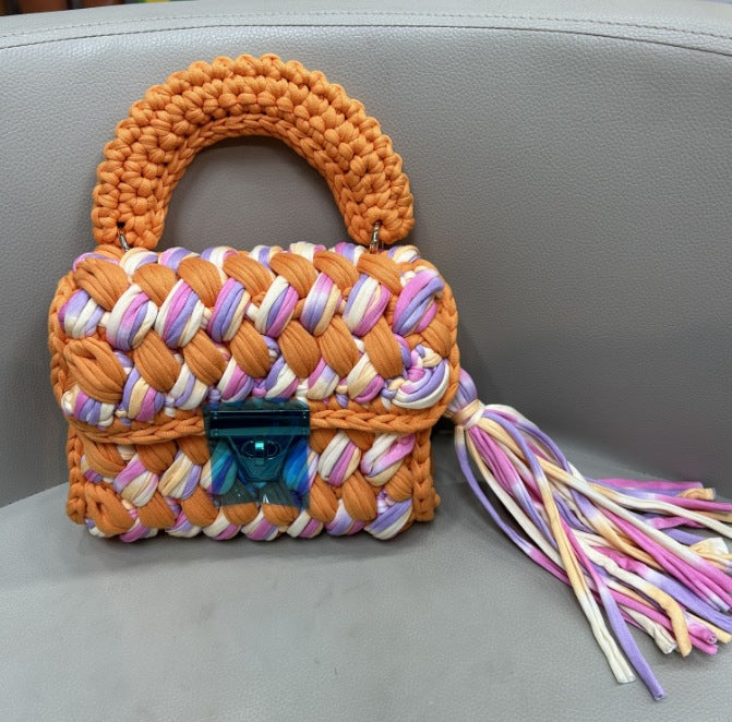 Contrast Color Handmade Finished Strip Thread Wool Bearded Bags