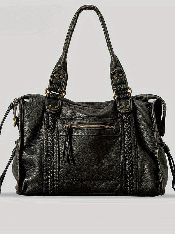 Women's French Retro Motorcycle Large Capacity Washed Tote Bags