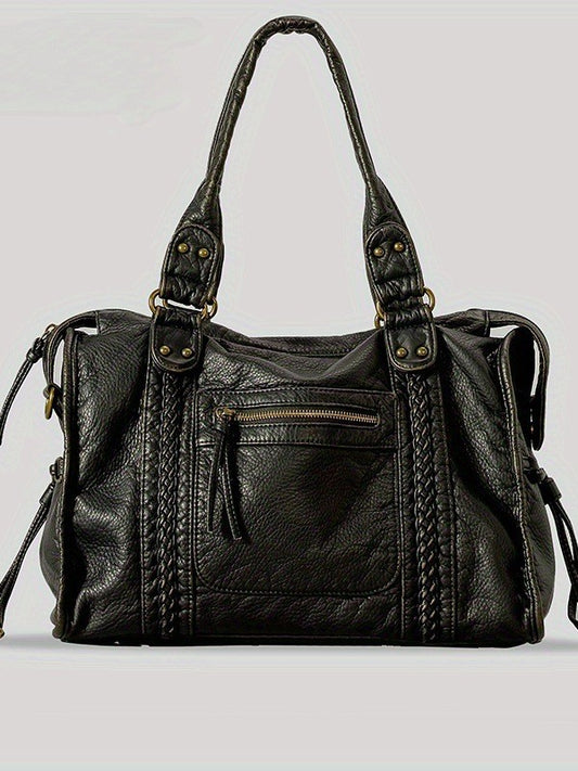 Women's French Retro Motorcycle Large Capacity Washed Tote Bags