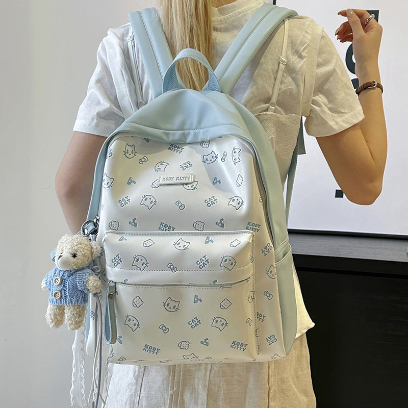 Women's Soft Leather Printed Cat Commute College Women's Backpack
