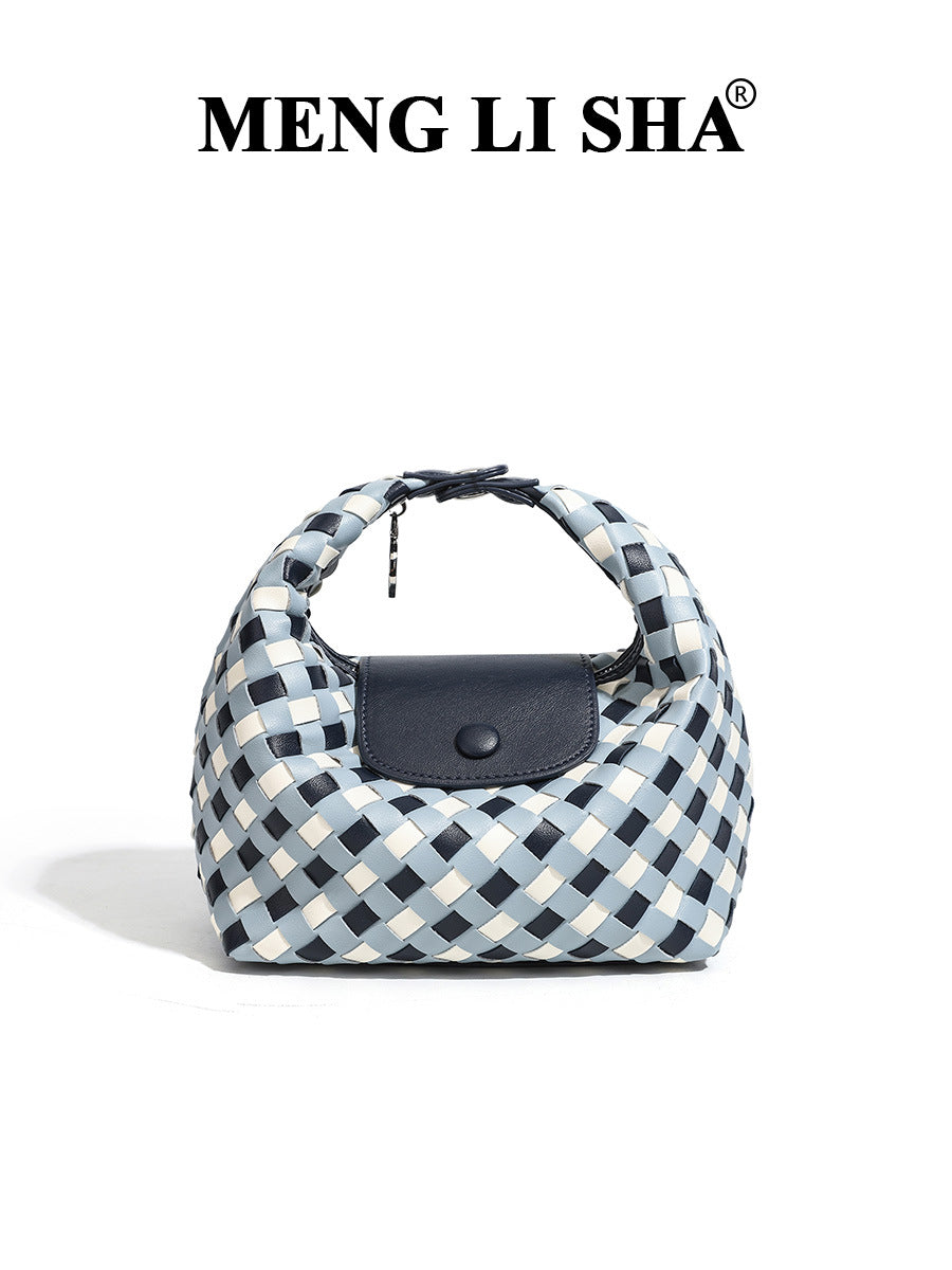 Women's Woven Blue White Plaid Hand Carrying Lunch Box Elegant Women's Shoulder Bag