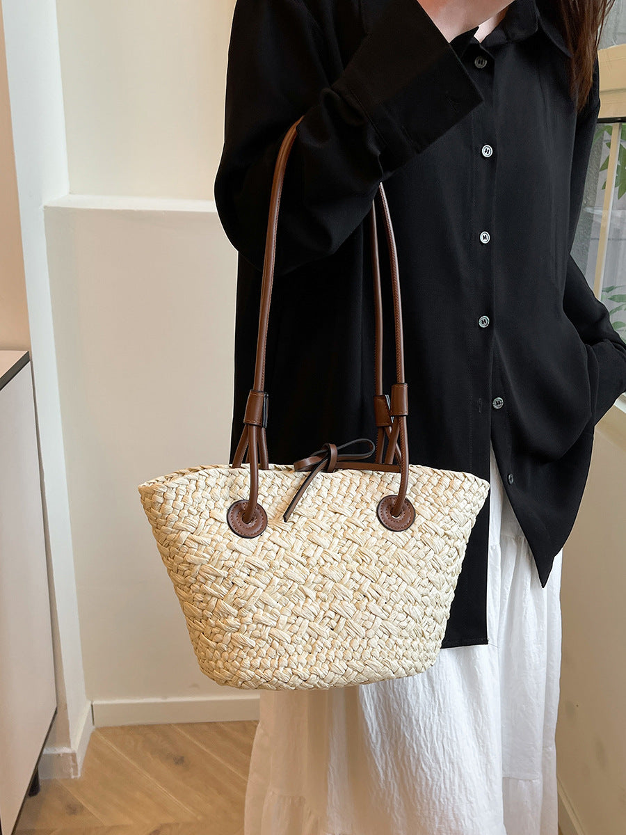 Women's Style Fashion Solid Color Woven Large Capacity Vacation Straw Vegetable Women's Shoulder Bag