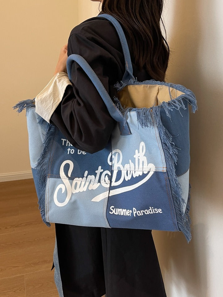 Beach Large Capacity Commuter Handmade Tassel Denim Tote Bag