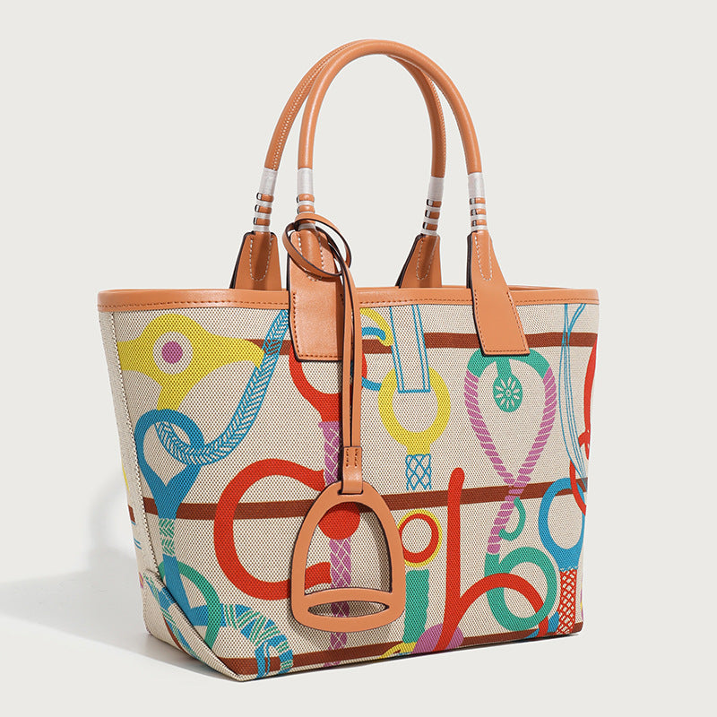 Women's Basket Printed Canvas Large Capacity Totes Commuter Shopping Tote Bag