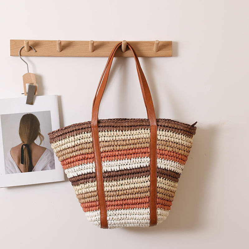 Fashion Colorful Striped Straw Versatile Large Capacity Woven Women's Shoulder Bag