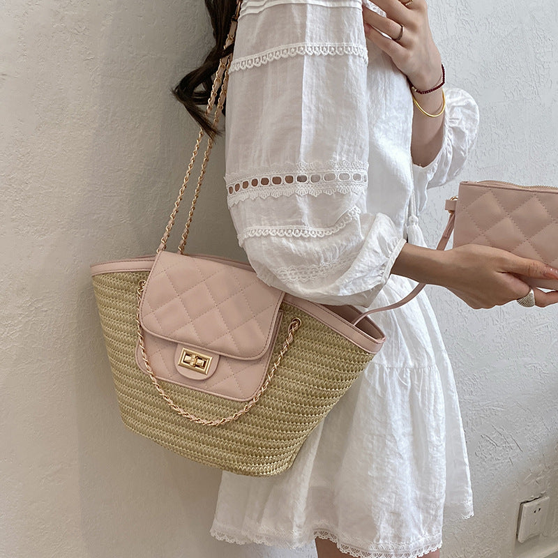 Women's Summer Popular Super Classic Style Woven Seaside Play Rhombus Bucket Bag