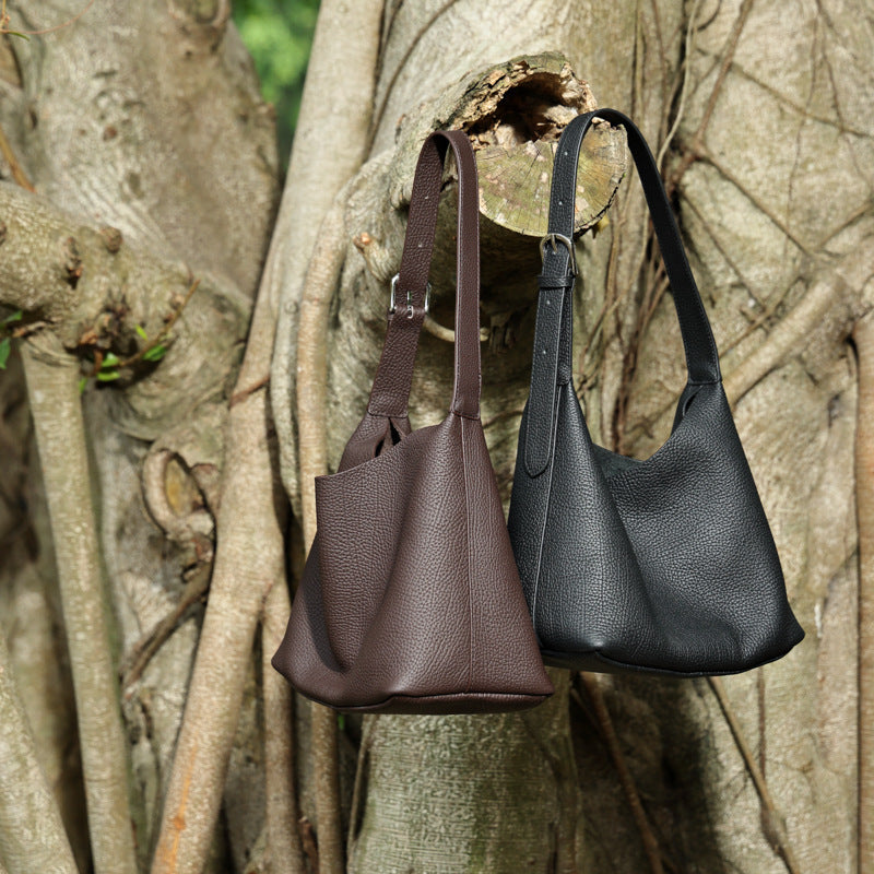 Women's First Layer Cowhide Simple Elegant Commuter Bucket Bags