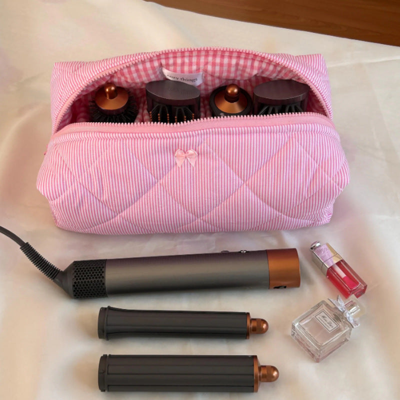 Simple Striped Make-up Large Capacity Hair Dryer Storage Portable Beauty Makeup Bag
