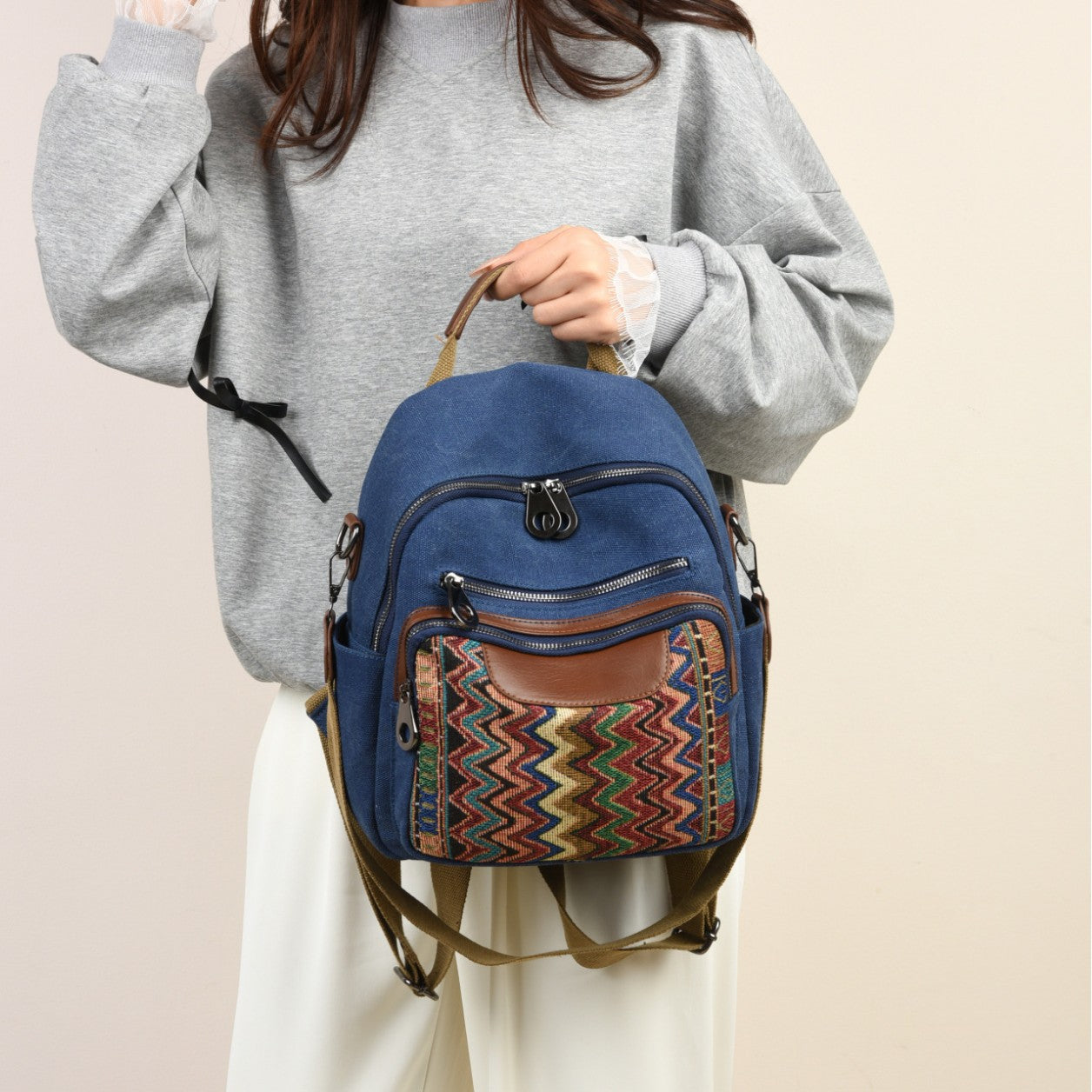 Women's Denim Fashion Retro Embroidered Large Capacity Backpacks