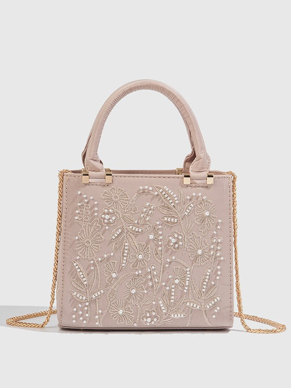 Women's Decorated Pearls Chain Silk Satin Texture Hard Women's Handbag