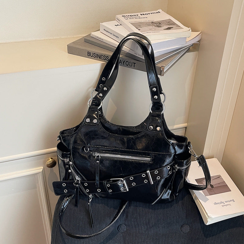 Retro Rivet Motorcycle Large Capacity Textured Women's Shoulder Bag