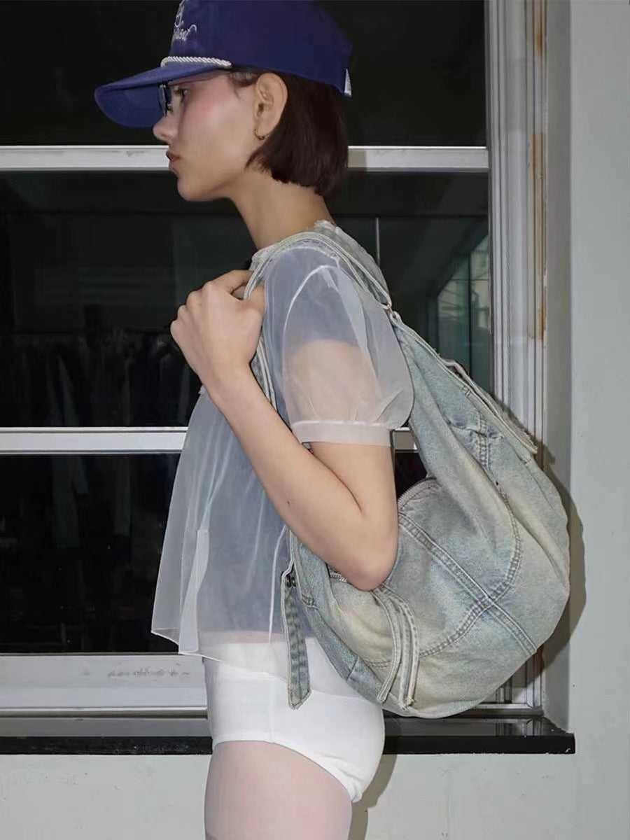 Worn Looking Washed-out Denim Large Capacity Women's Shoulder Bag