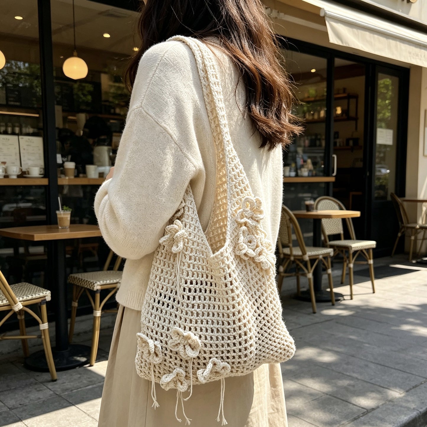 Niche Large Capacity Flower Cotton Three-dimensional Woven Summer Seaside Vacation Women's Shoulder Bag