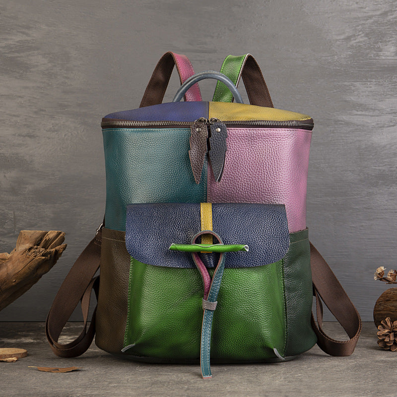 First Layer Cowhide Unisex Colored Mosaic Fashion Personalized Large Capacity Leisure Backpack