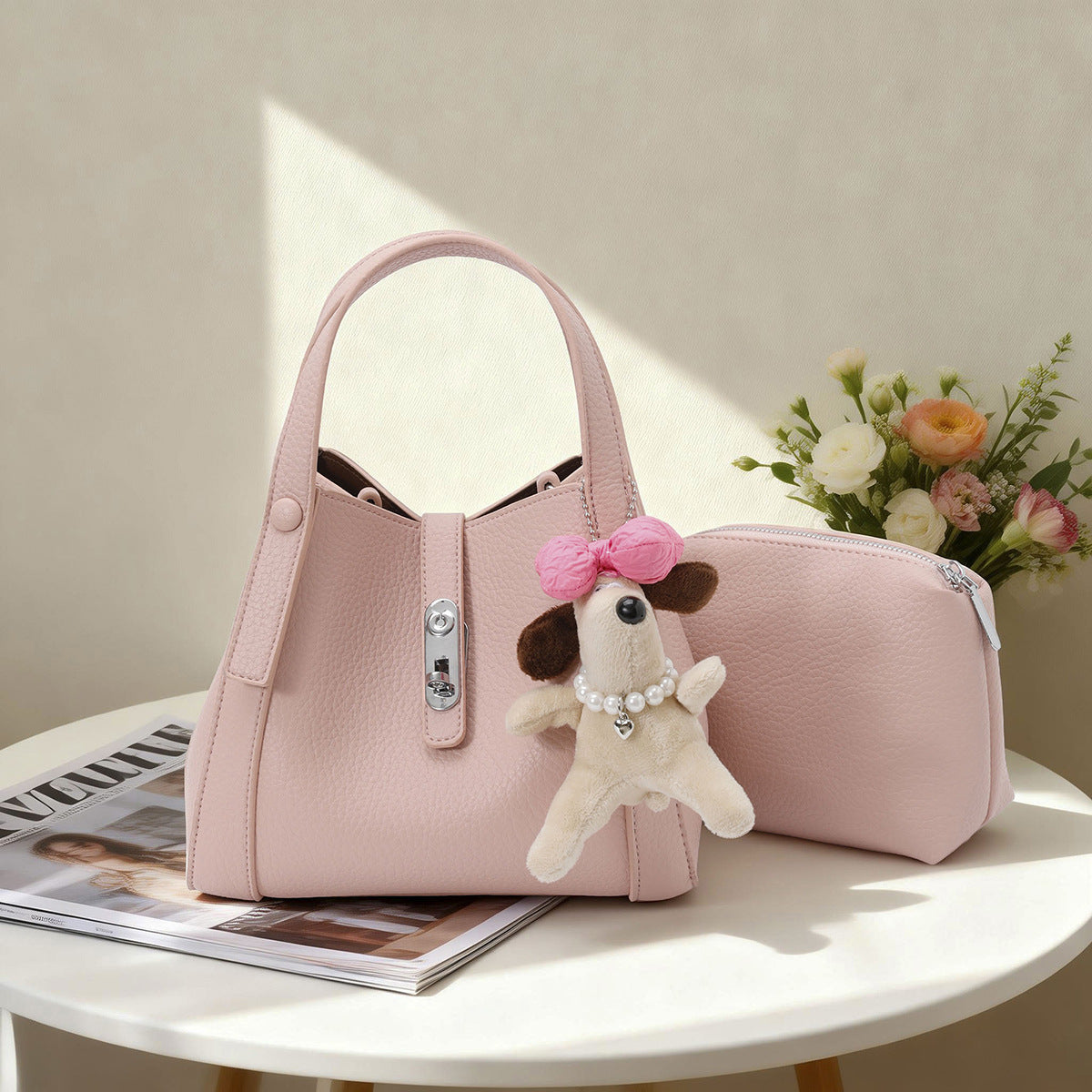 Women's Solid Color Soft Leather Niche Lychee Pattern Vegetable Basket Women's Shoulder Bag