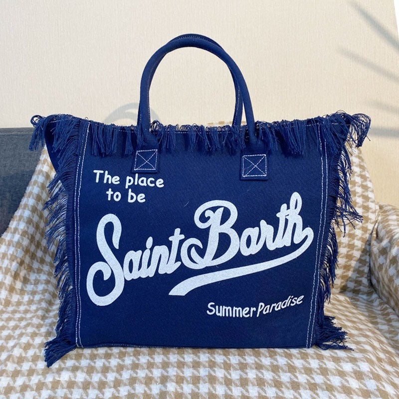 Beach Letters Large Capacity Commuter Handmade Tassel Tote Bag