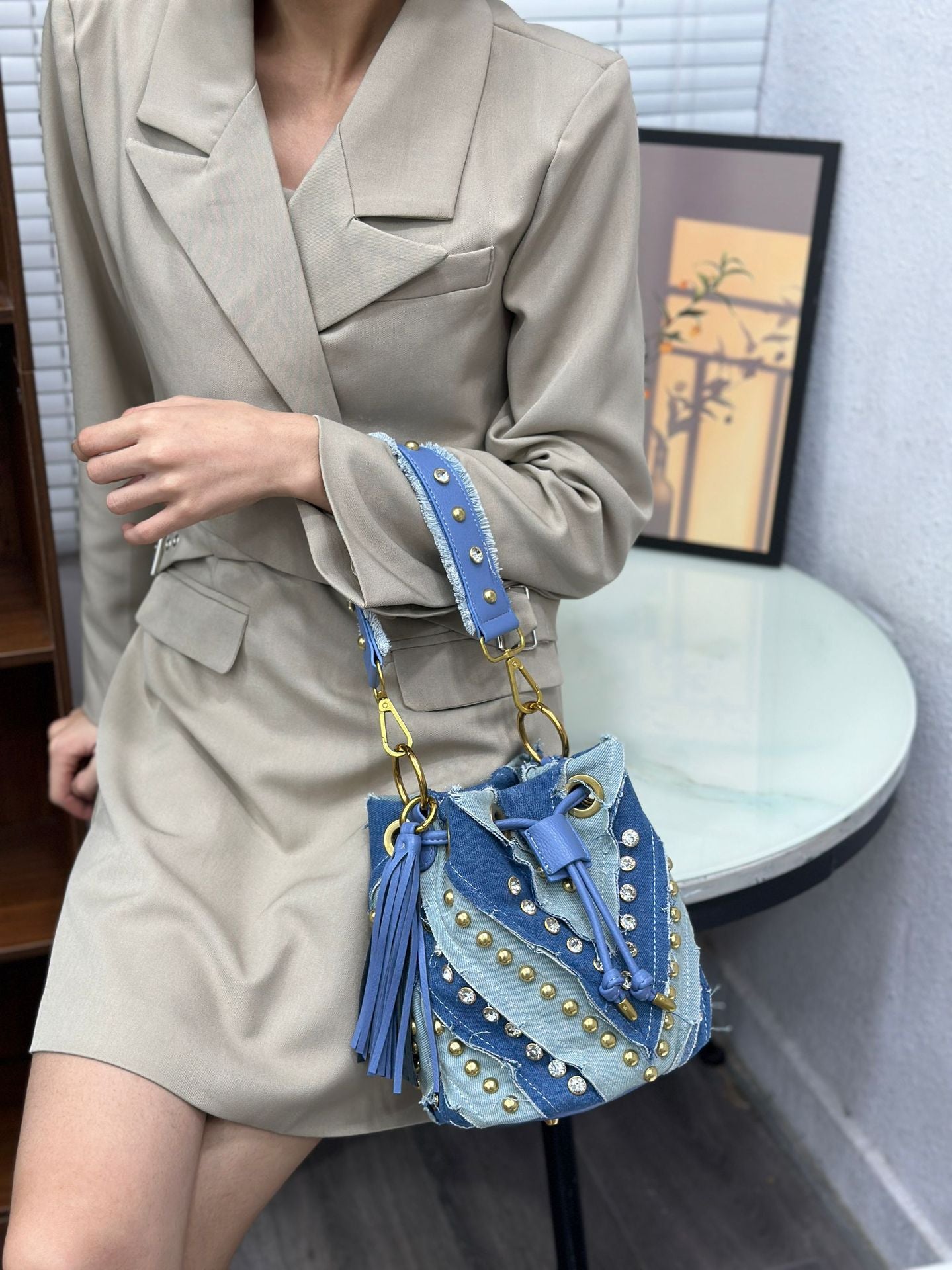 Fashion Affordable Luxury Diamond High-grade Denim Bucket Bags