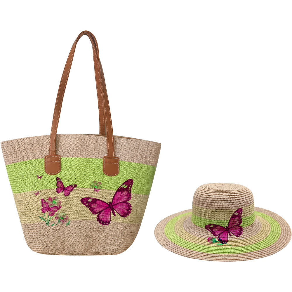Women's Woven Hat Printing Suit Fashion Butterfly Handbags