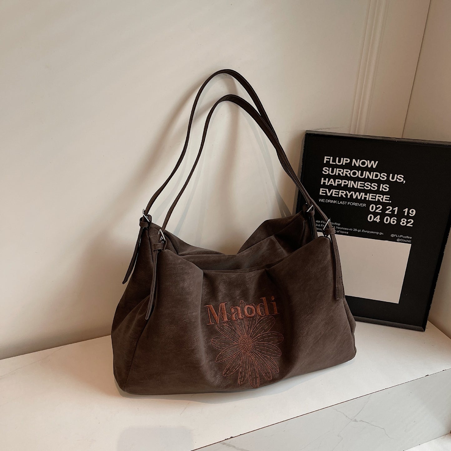 Retro Korean Style Large Capacity Suede Flower Embroidered Advanced Texture Underarm Bag