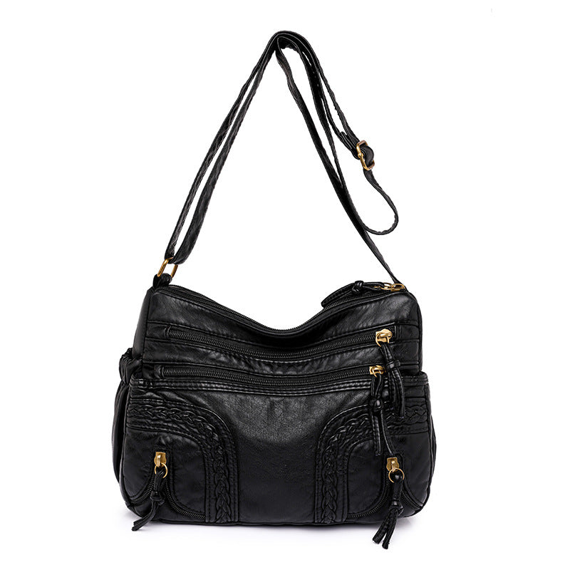 Women's Authentic Leather Tactile Feel Washed Woven Fashionable Large Capacity Women's Shoulder Bag