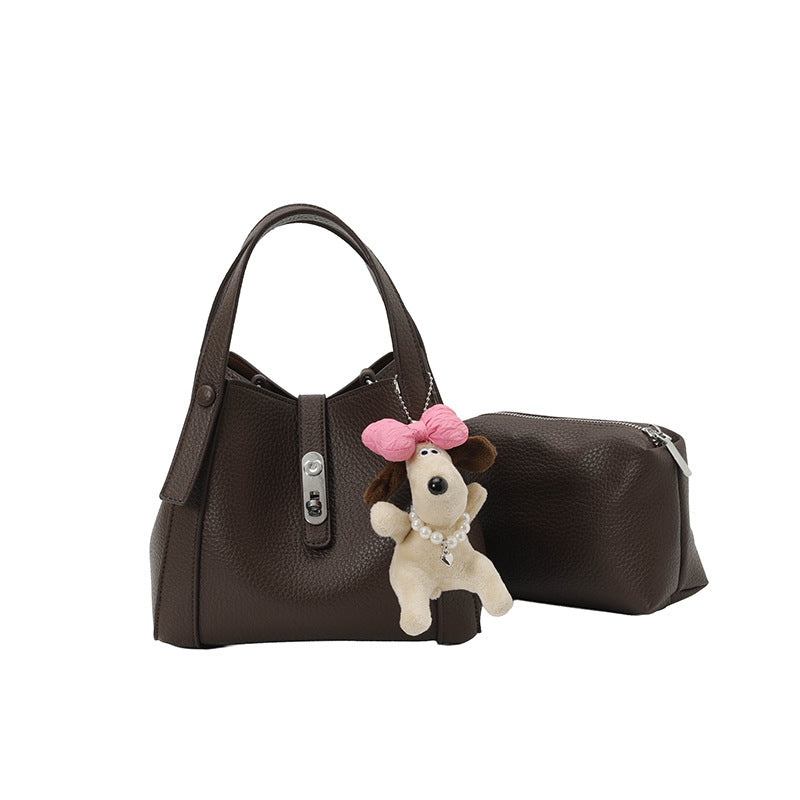 Women's Solid Color Soft Leather Niche Lychee Pattern Vegetable Basket Women's Shoulder Bag