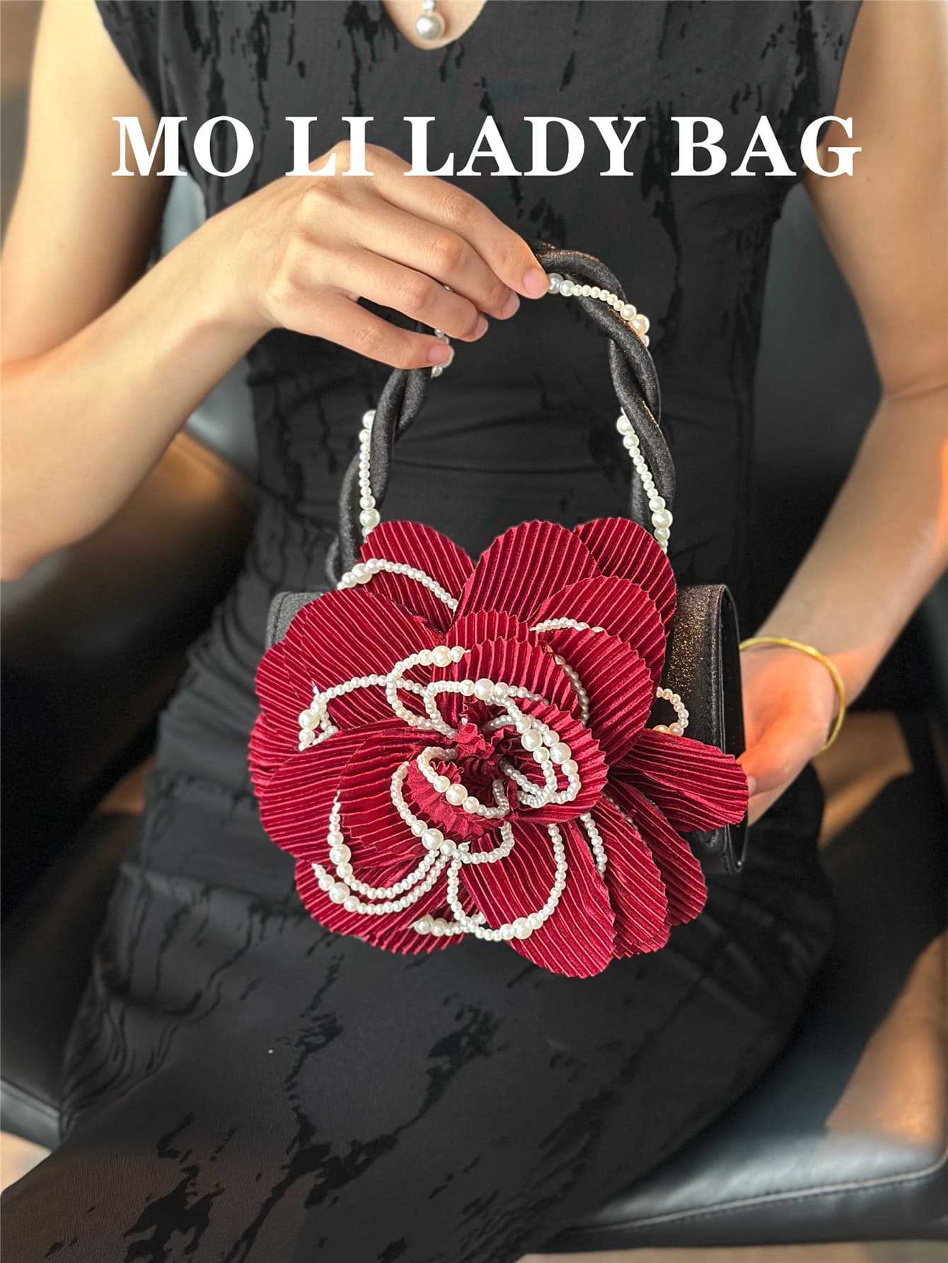 Wine Red Twist Pearl Clutch Rose Sculpting Powder Flower Bags