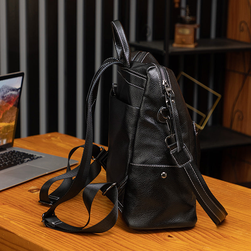 Women's Black Soft Leather Spring Versatile Large Capacity Bags