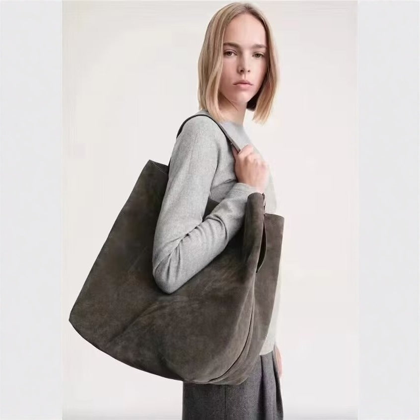 Women's Vintage Suede Matte Cowhide Genuine Leather Commuter Large Capacity Women's Shoulder Bag