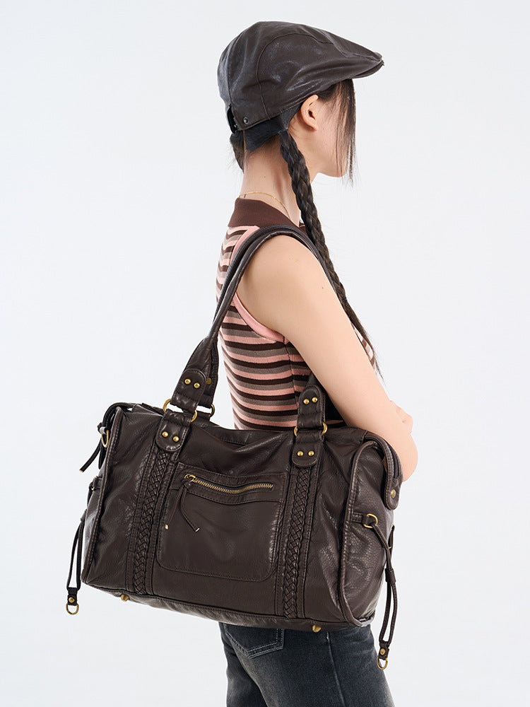 Women's French Retro Motorcycle Large Capacity Washed Tote Bags