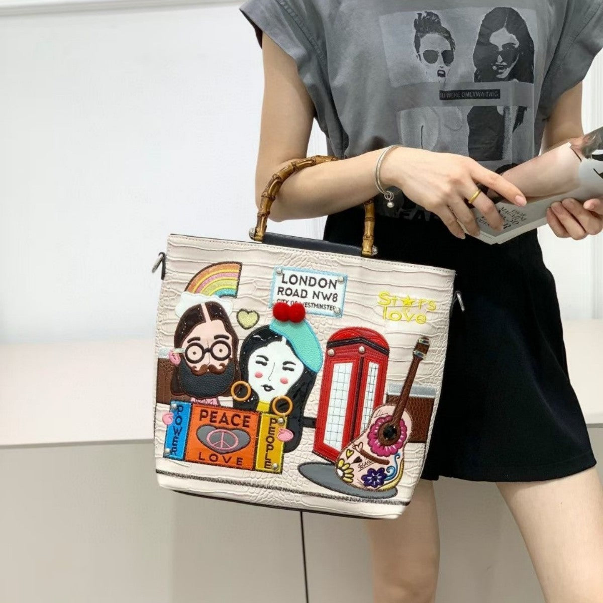 Women's Retro Color Block Embroidery Bamboo Versatile Large Handle
