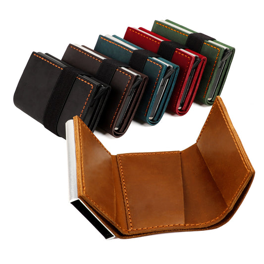 Horse Leather Swiping Aluminum Box Elastic Band Manual Pop-up Cover Handbags