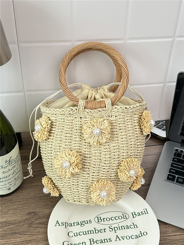 Women's Summer Straw Fresh Flower Pearl Decorative Portable Basket Women's Handbag
