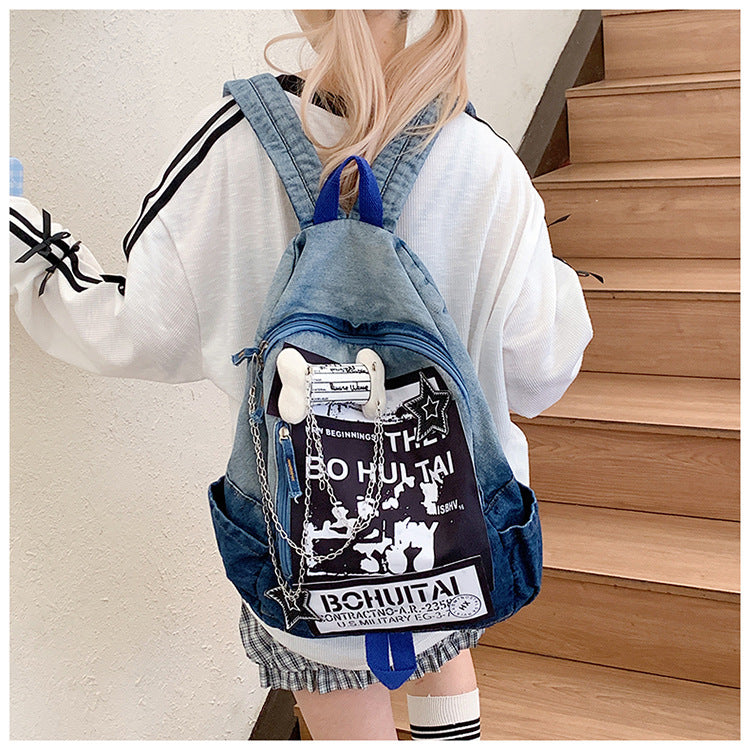 Women's Retro Denim Sweet Spicy Rock Style Printed Niche Bone Leisure Backpack