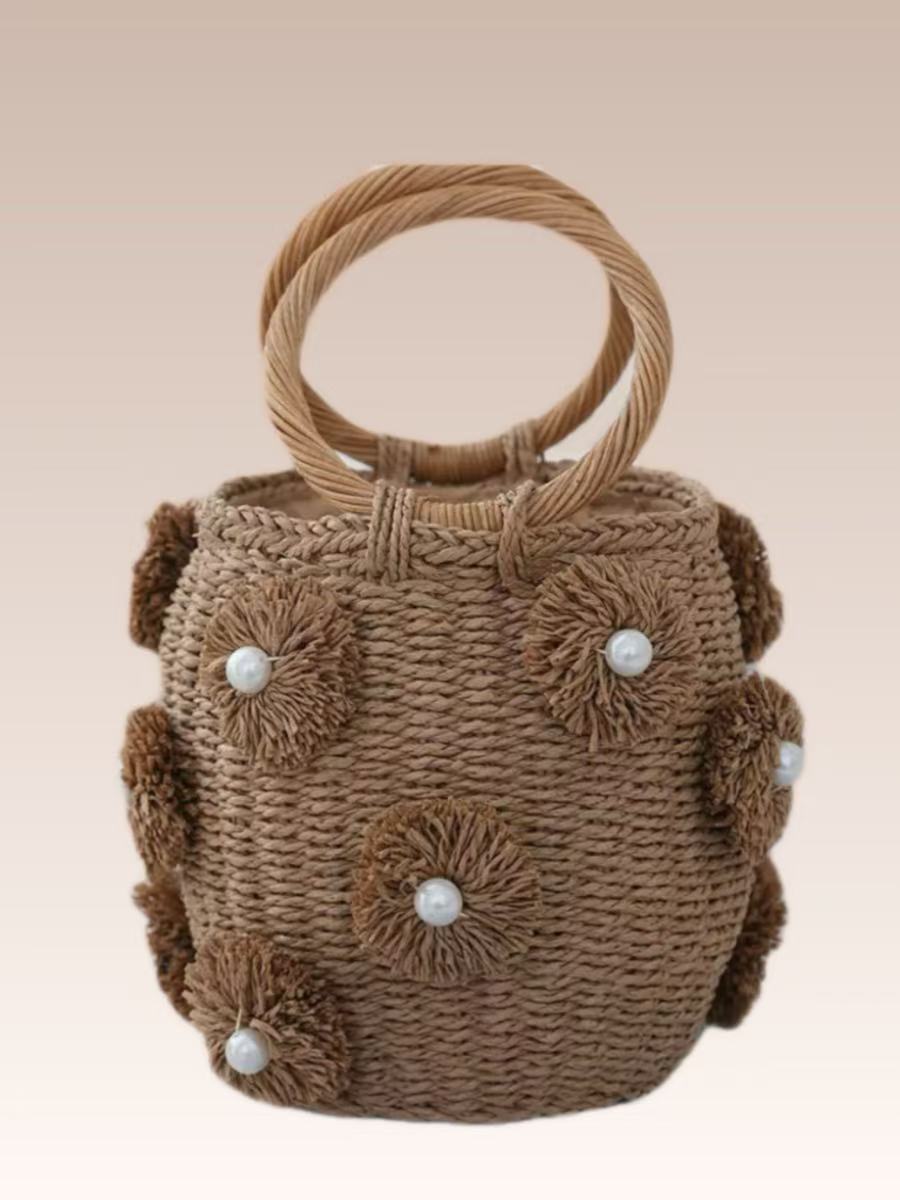 Women's Pearl Hand-woven Round Bracelet Blue Artistic Straw Hand-held Women's Handbag