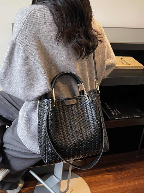 Women's Advanced Texture Woven Indentation Large Capacity Bucket Bags