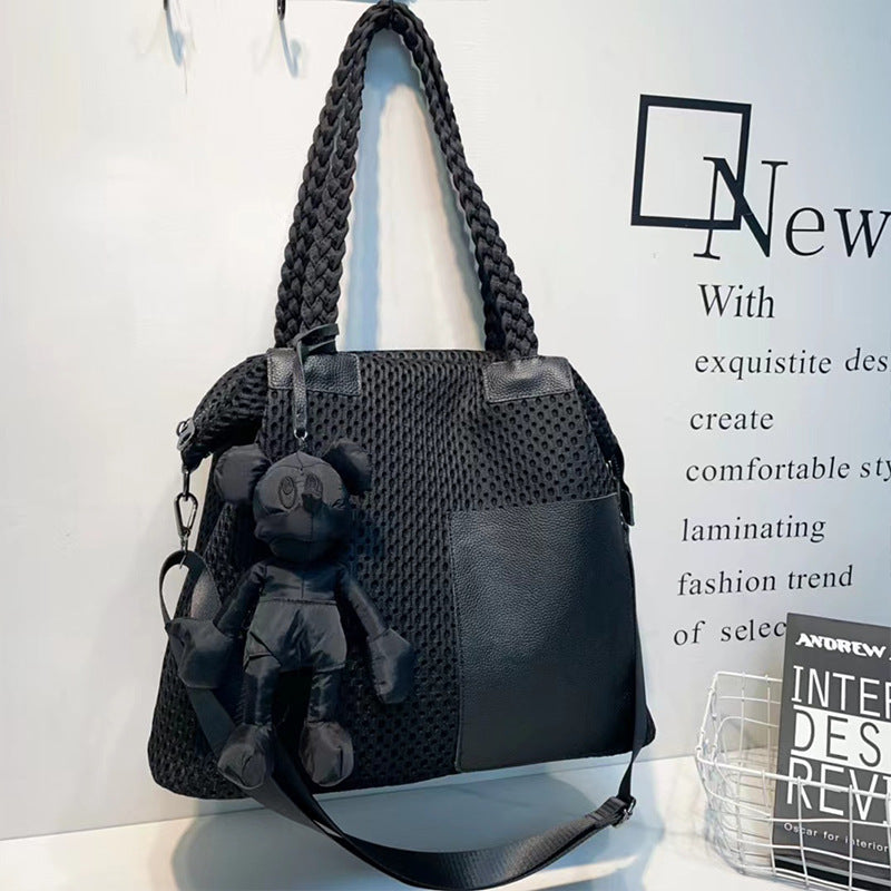 Women's Big Mesh Cloth With Leather Fashion Versatile Large Capacity Women's Shoulder Bag