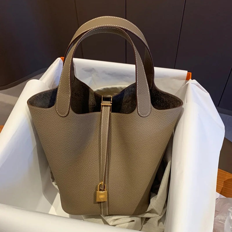 Women's Pattern Cowhide Vegetable Basket Portable High-grade Genuine Bucket Bag
