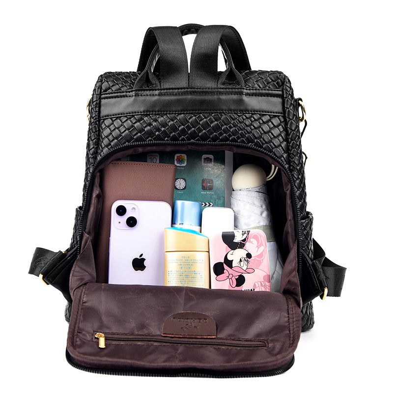 Women's Woven Leather Korean Stylish Versatile Large Women's Backpack