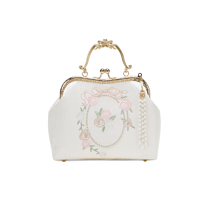 Rose Embroidered Chinese Style Cheongsam Banquet White Accessory Women's Handbag