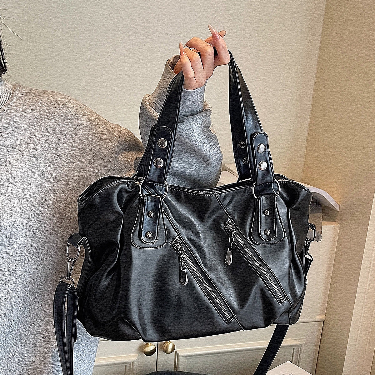 Simple Solid Color Large Capacity Totes Zipper Decorations Classic Bags