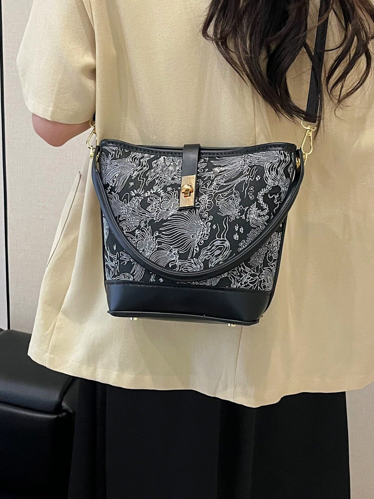 Women's Material Homemade National Style Contrast Color Hand Holding Bucket Bag